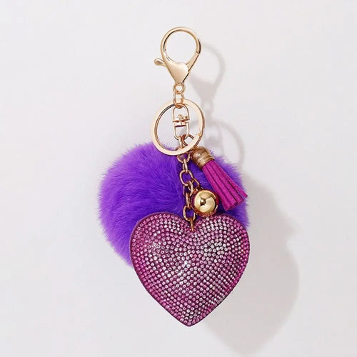 Fashion Fluffy Plush Ball Keychain Faux Fur Pompom Rhinestone Heart