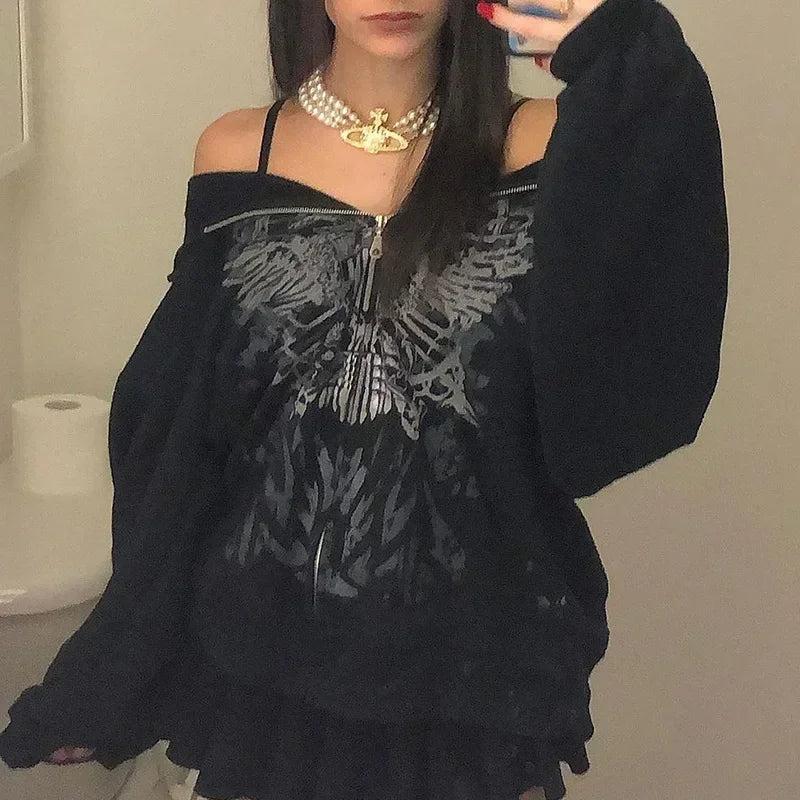 Butterfly Print Oversize Zip Streetwear