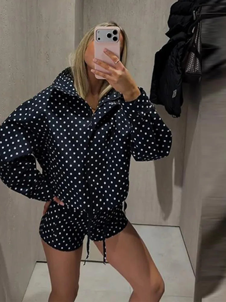 Polka Dot Shorts Set For r Zipper Jacket & High Waist Shorts Lady Chic Outfits