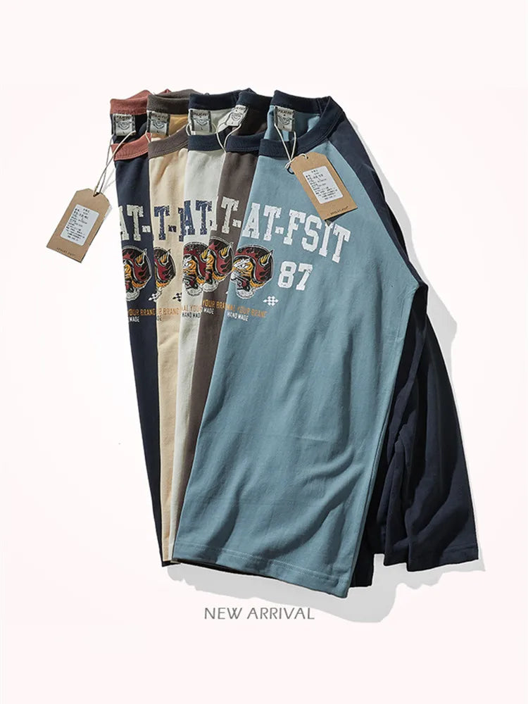 Locomotive Printed T-shirt 100% Cotton Wash Contrast Splicing Casual Tops