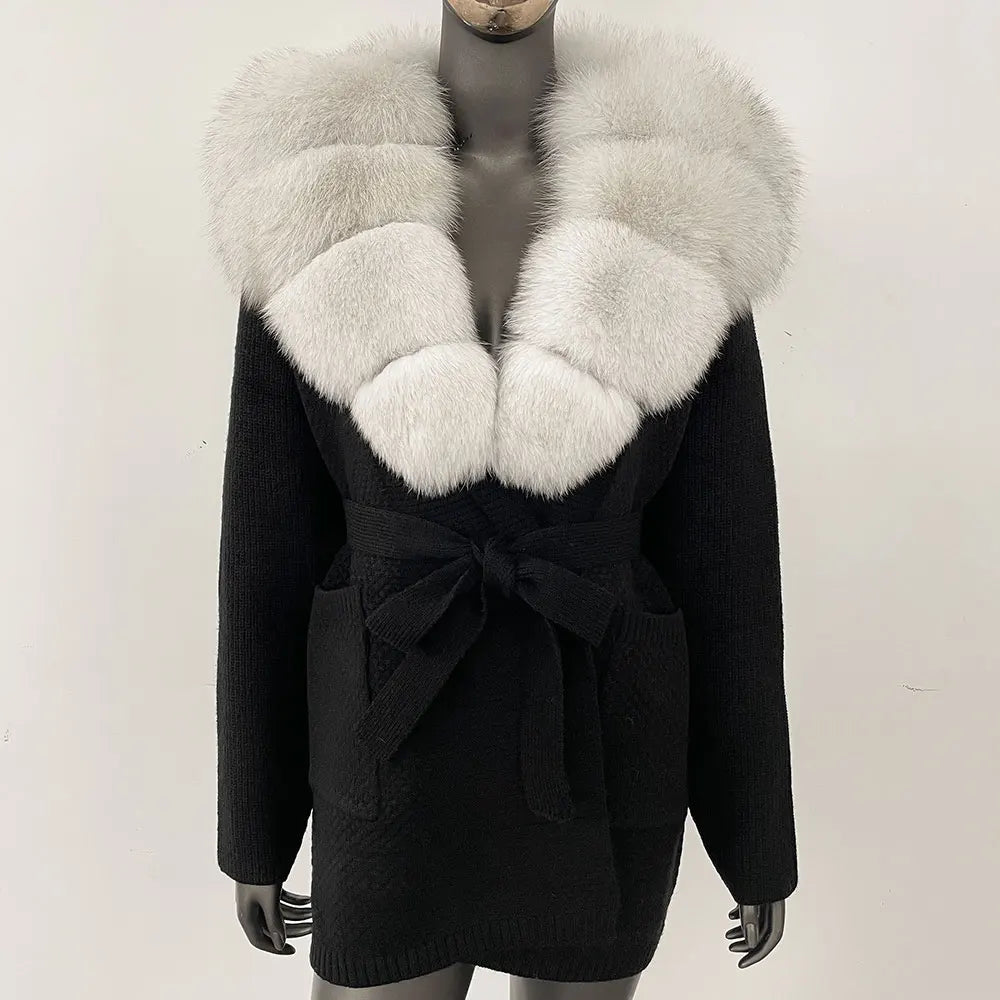 Natural Fox Fur Sweater Belt Knitted Oversized Knitted Cardigan Real Fur