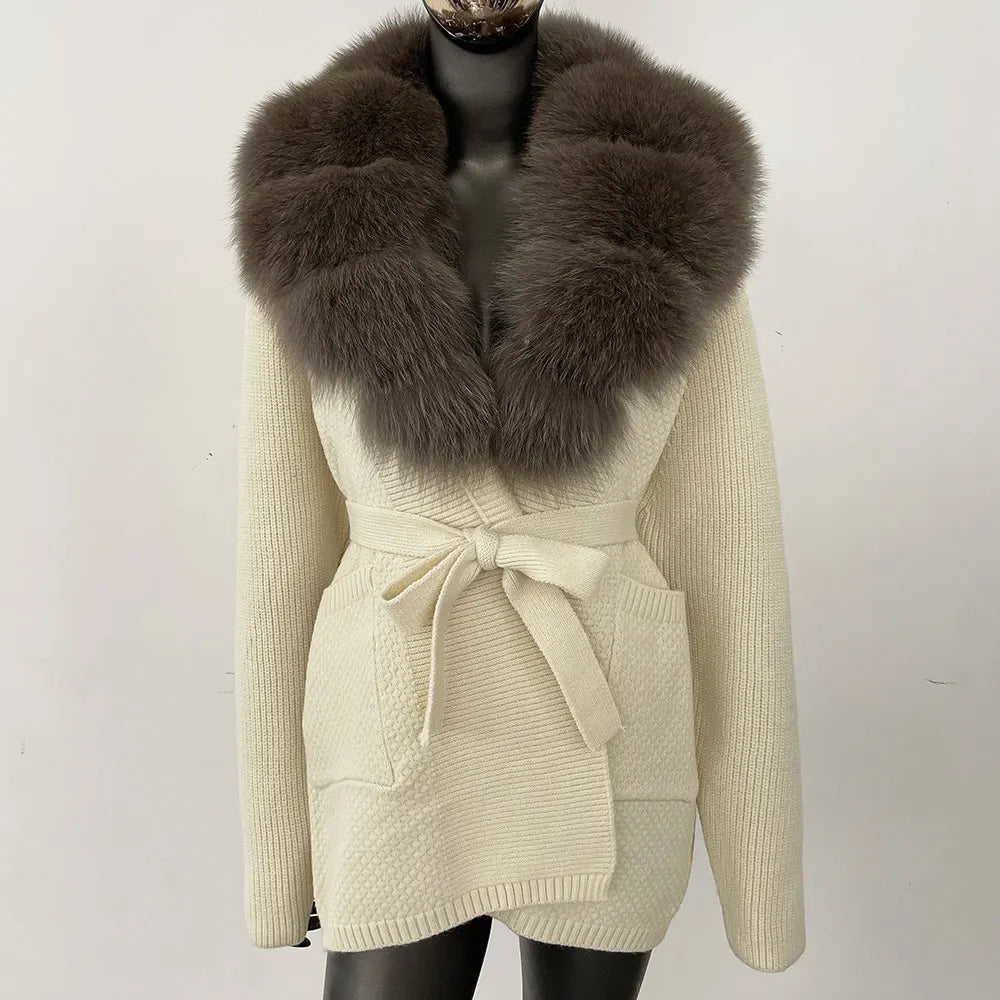 Natural Fox Fur Sweater Belt Knitted Oversized Knitted Cardigan Real Fur