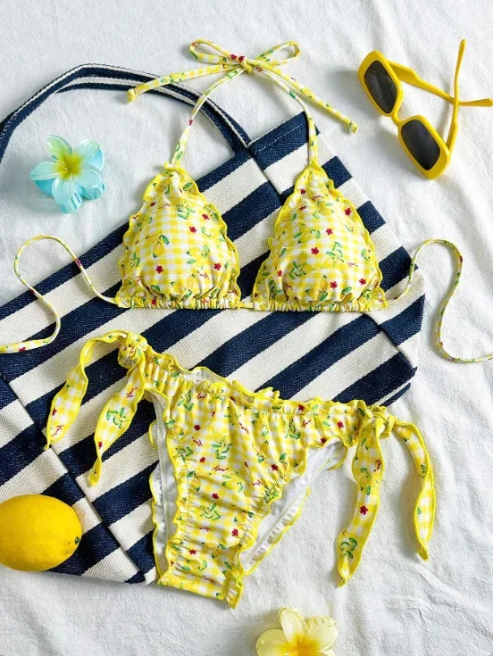 Cute Bikini Set Up Tie Side Thong Swimsuit Bathing Suit