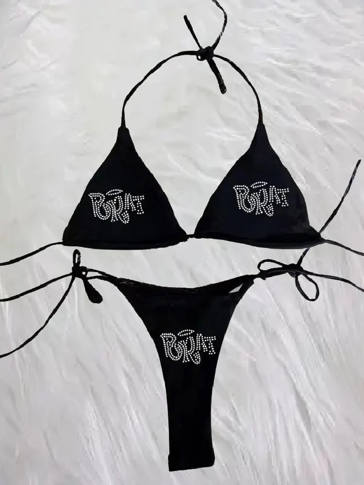 2000s Woman Punk New Beach Swimwear gothic clothes BRAT Rhinestone