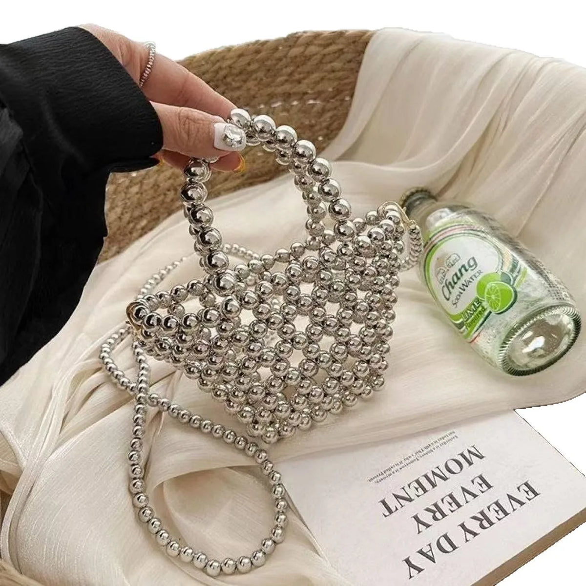 Chic Mini Woven Beaded Evening Bag Shiny Metallic Top Handle Shoulder