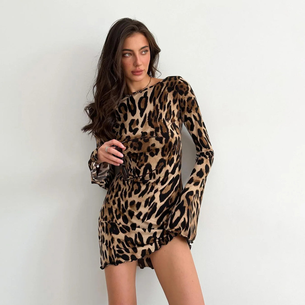 Party Elegant Lace-up Short Evening Dresses Backless Long Sleeve Leopard Print