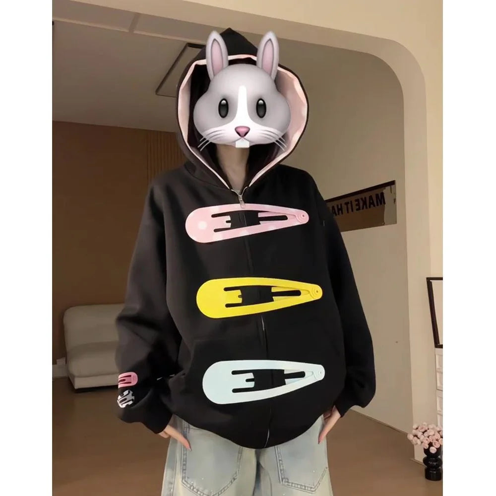 Pink Polka Dot Lined Hood 3D Giant Hair Clip Decor Zip up Hoodie