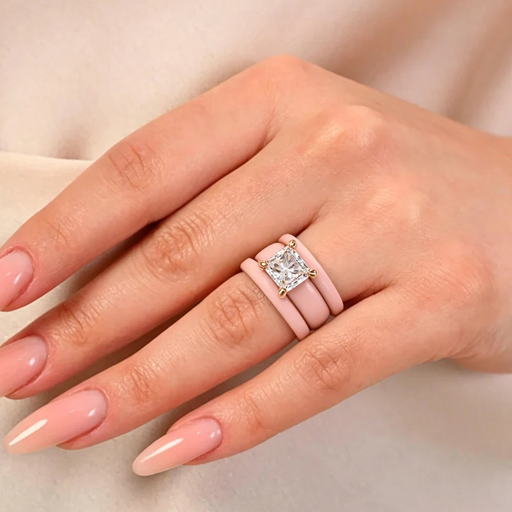 Princess Cut CZ Ring with 3-Layer Pink Silicone Band, Modern Chunky