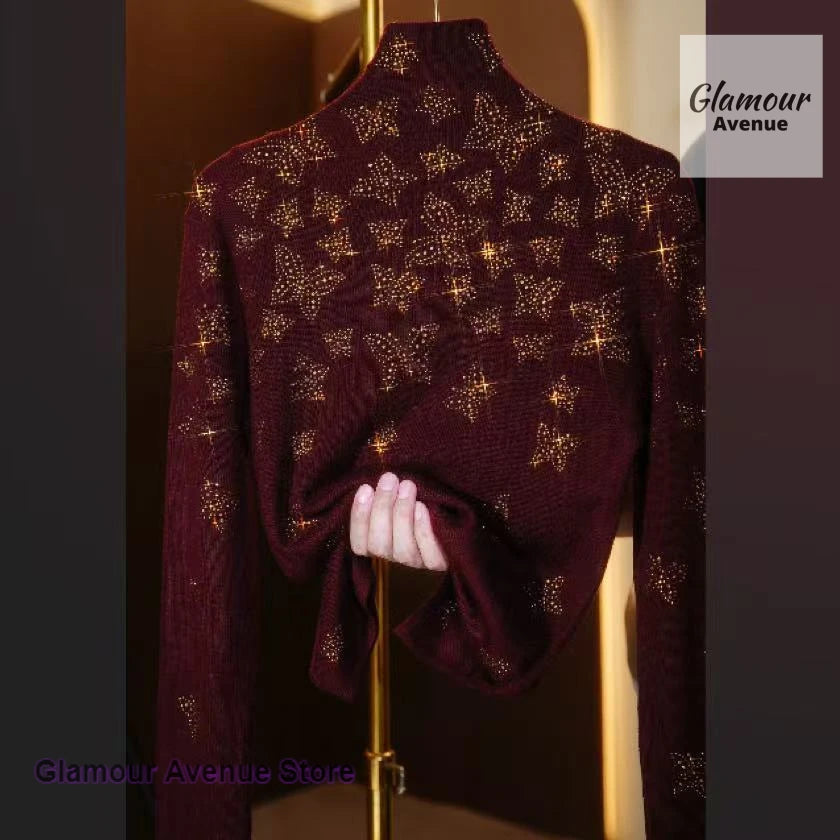 semi-high-necked diamond-encrusted versatile sweater