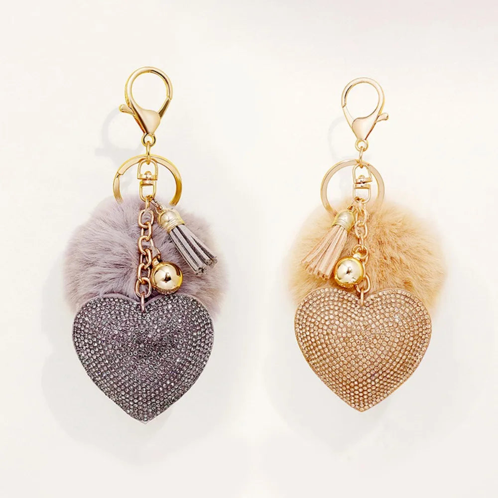 Fashion Fluffy Plush Ball Keychain Faux Fur Pompom Rhinestone Heart