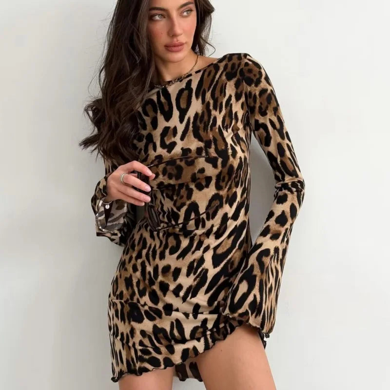 Party Elegant Lace-up Short Evening Dresses Backless Long Sleeve Leopard Print
