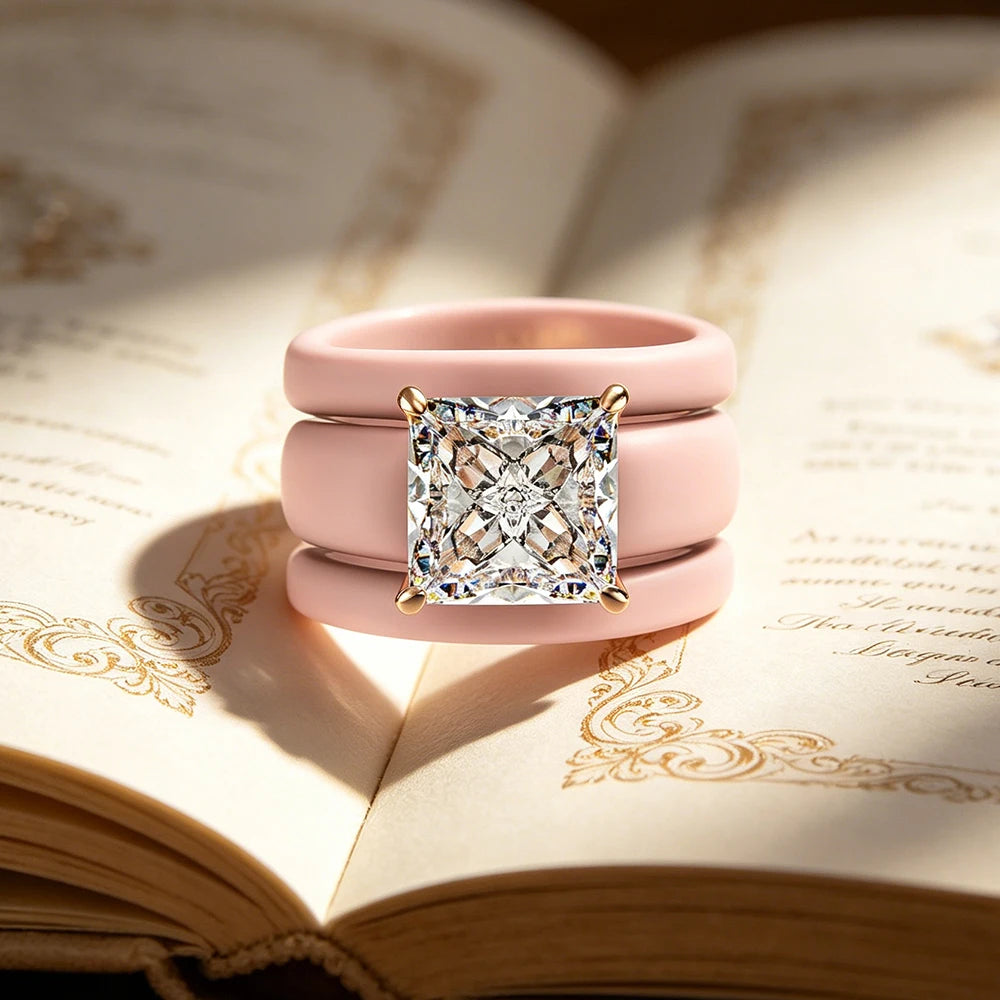 Princess Cut CZ Ring with 3-Layer Pink Silicone Band, Modern Chunky