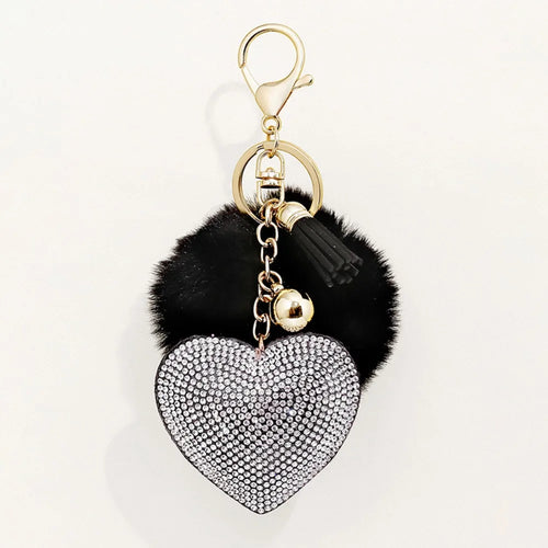 Fashion Fluffy Plush Ball Keychain Faux Fur Pompom Rhinestone Heart